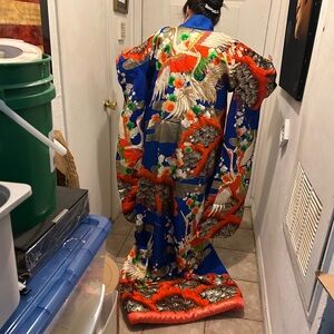 Vibrant Blue Kimono with Crane Design